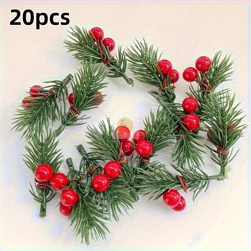 Christmas Tree Artificial - กิ่งสนคริสต์มาสเทียม 20 ชิ้น พร้อมผลเบอร์รี่สีแดงที่ดูสมจริง ดอกไม้พลาสติกสำหรับเทศกาล และอุปกรณ์ตกแต่งพวงหรีด