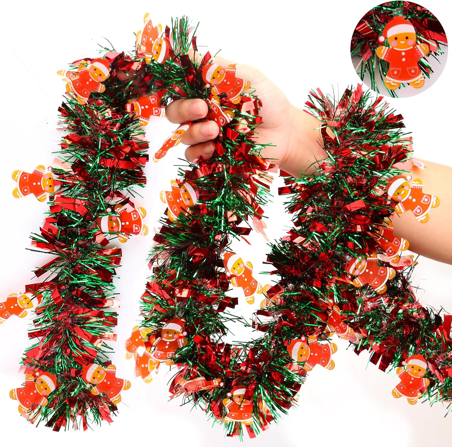 Tinsel Garland Decoration - พวงมาลัยประดับคริสต์มาส สีแดงเขียว พวงมาลัยคริสต์มาสแบบมีประกาย พร้อมเครื่องประดับรูปขนมปังขิง พวงมาลัยต้นคริสต์มาสแบบเมทัลลิก