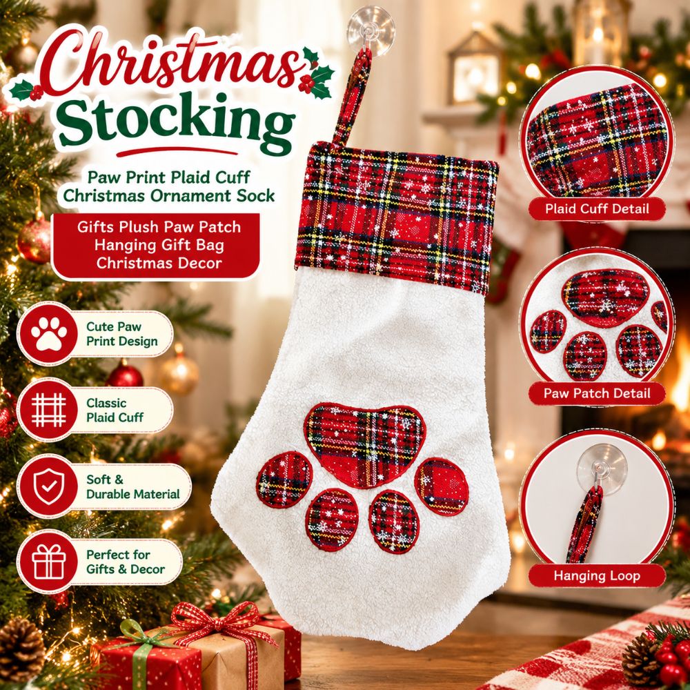 Christmas Stocking Hanging - ของขวัญคริสต์มาส ถุงเท้าคริสต์มาสลายรอยเท้า ถุงเท้าลายสก็อต ของตกแต่งคริสต์มาส ถุงเท้าแขวน ถุงของขวัญลายรอยเท้า