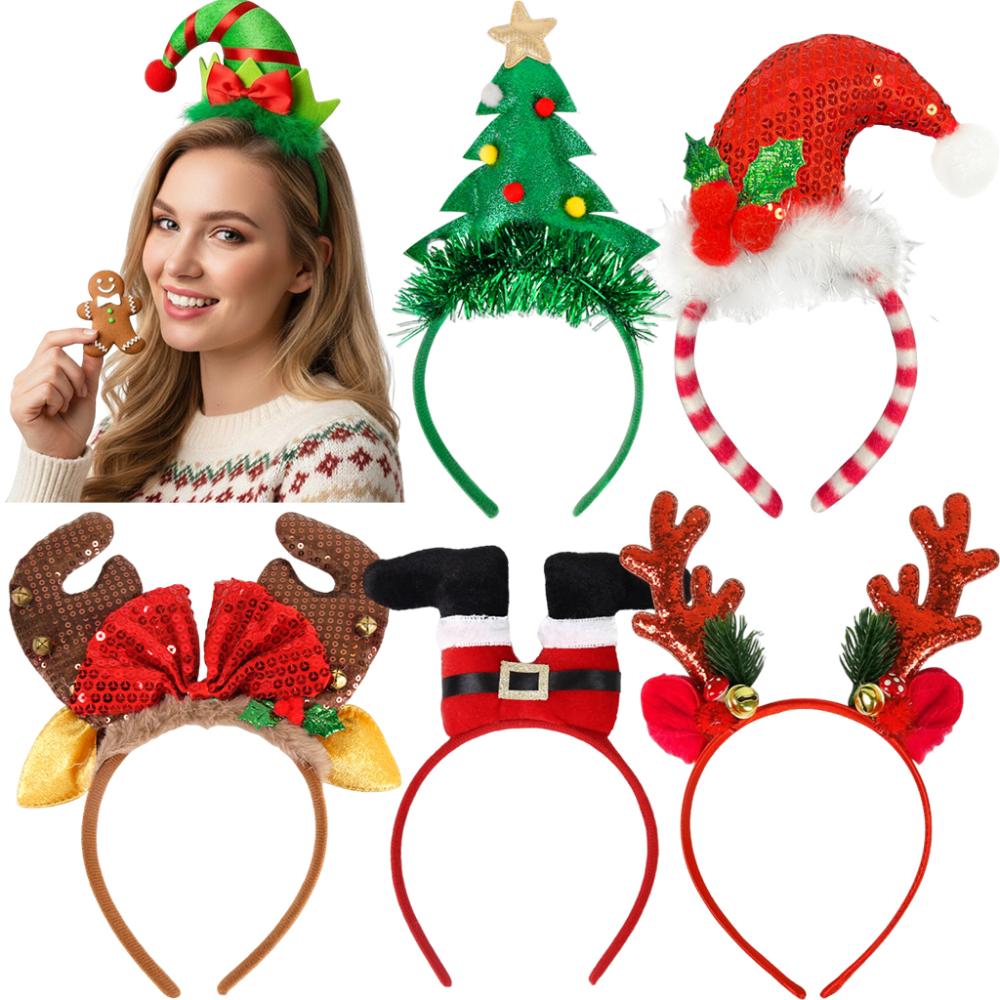 Reindeer Antlers Headband - 1 ชิ้น/5 ชิ้น ที่คาดผมคริสต์มาส หมวกประดับเลื่อมลายผลเบอร์รี่ หมวกซานตาคลอส